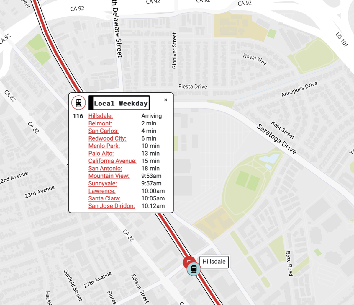 Screenshot of train arrival predictions