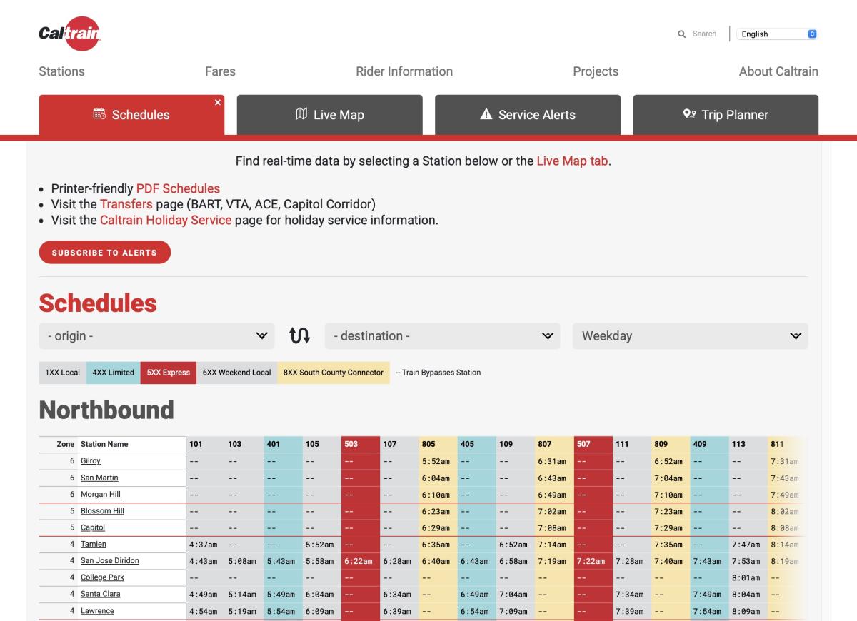 Caltrain screenshot showing the schedules tab